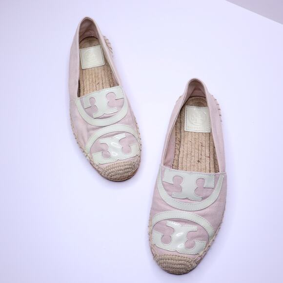 TORY BURCH Poppy Espadrilles Shell Pink Flat Canvas and Leather Women's 7.5M - Picture 1 of 8
